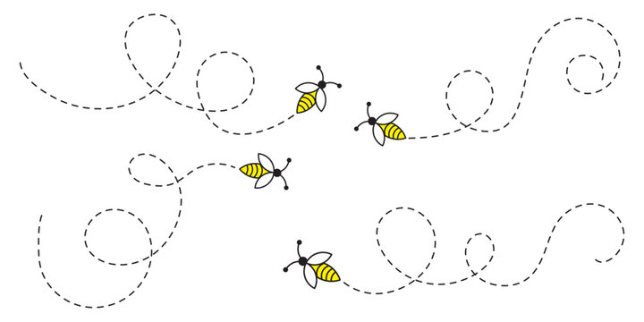 Bee flying doted path, line way. Bumblebee fly route journey for travel. Bees flying path. Cartoon bee fly dotted line route, bumblebee wasp hornet honeybee flight track buzz bug baby . eps 10