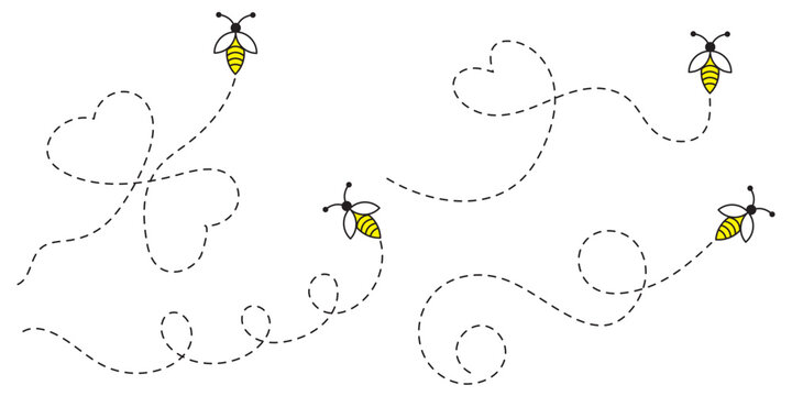 Bee flying doted path, line way. Bumblebee fly route journey for travel. Bees flying path. Cartoon bee fly dotted line route, bumblebee wasp hornet honeybee flight track buzz bug baby . eps 10