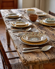 rustic dining table with mismatched dinnerware