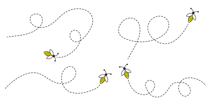 Bee flying doted path, line way. Bumblebee fly route journey for travel. Bees flying path. Cartoon bee fly dotted line route, bumblebee wasp hornet honeybee flight track buzz bug baby . eps 10