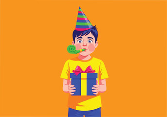 Happy boy blowing party horn and holding blue birthday gift box © Husmath