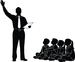 Teacher silhouette with tie standing and gesturing while teaching a group of young children sitting on the floor in a classroom.