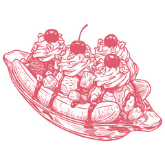 A classic banana split sundae with scoops of ice cream, whipped cream, nuts, and cherries. Hand-drawn vector illustration in a vintage engraving style.