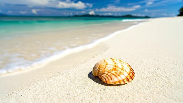 Sandy beach with a colorful seashell in the foreground, ocean, sky, and clouds in the background