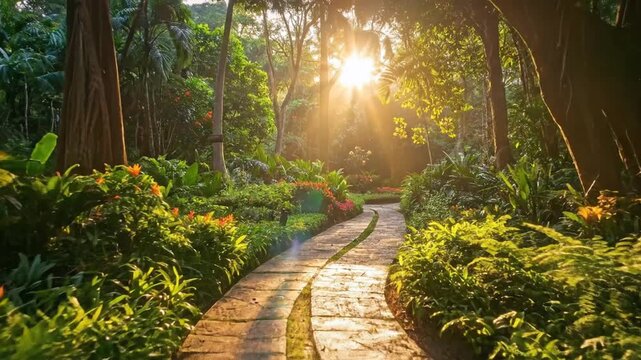 Lush, sunny garden path curves through vibrant greenery. Sunlight streams through the trees