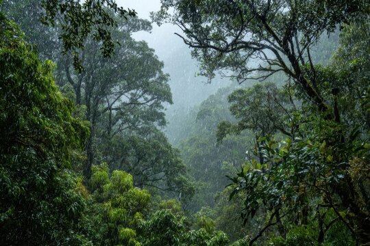 Misty Rainforest Canopy View with Lush Green Trees and Fog.