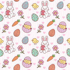 Cute Easter seamless pattern with happy bunnies colorful eggs chicks flowers and carrots on soft pastel background