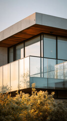 Naklejka premium This modern house features a transparent glass terrace railing that provides a clear view. The open space allows natural light to fill the area and enhance the simple design