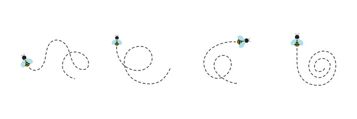 Flying bee dotted route. Bumblebee with spotted line path. Vector illustration isolated on white. Bee flying on a dotted route. Happy bee on dotted route to honey or hive, bee on dot line .