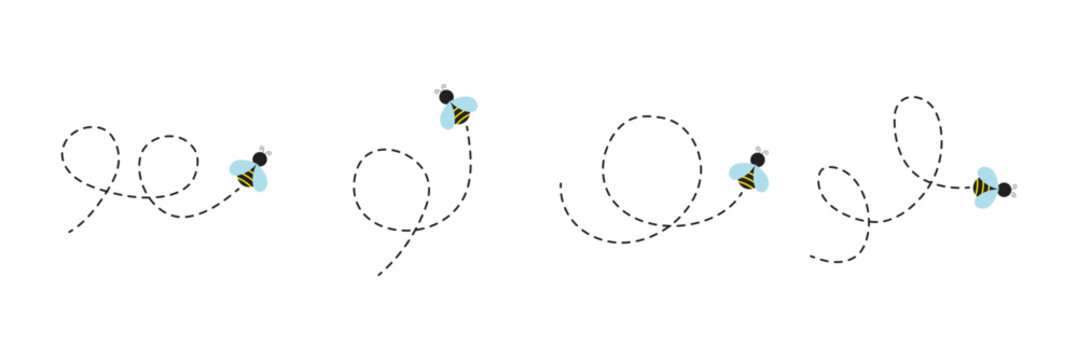 Hand Drawn Cartoon Bee Flying on a Dotted Route. Vector illustration isolated on background.