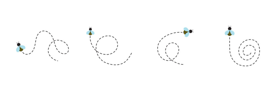 Flying bee dotted route. Bumblebee with spotted line path. Vector illustration isolated on white. Bee flying on a dotted route. Happy bee on dotted route to honey or hive, bee on dot line .