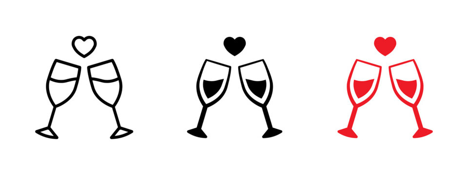 Champagne glasses toast icon with heart symbol. Romantic vector design for Valentine&rsquo;s Day, celebrations, weddings, dates, parties, greeting cards, social media and holiday marketing materials.