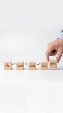 Conceptual business process diagram with wooden blocks and hand.