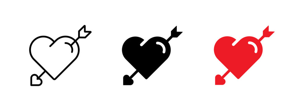 Pierced heart with arrow icon in outline, solid and red styles. Romantic vector symbol for Valentine&rsquo;s Day, love, dating, wedding and relationship design. Isolated minimal icon.