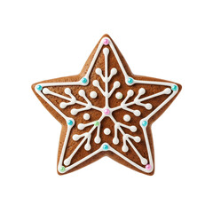Star shaped gingerbread cookie with white icing and colorful sprinkles on transparent background