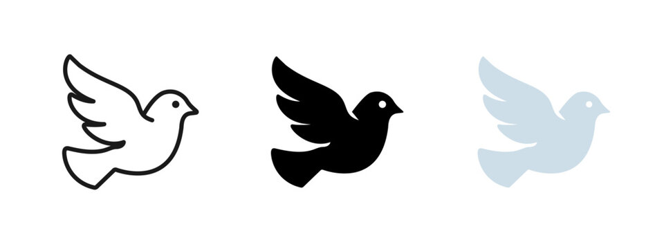 Flying dove bird icon. Symbol of peace, love and freedom. Minimal illustration representing hope, harmony, purity and faith for weddings, religion, spiritual and calm design concepts.