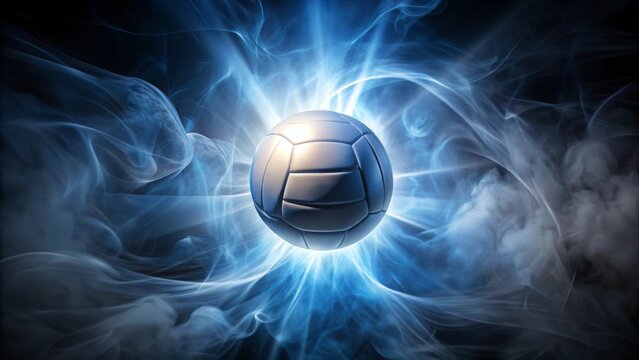 A radiant volleyball, engulfed in swirling ethereal blue smoke, evokes a sense of power and athletic energy.
