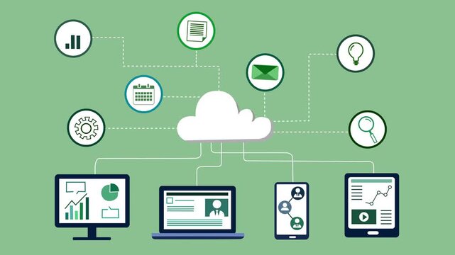 Cloud Computing and Connected Devices Animation, Animation of cloud computing with devices and icons connected to a cloud