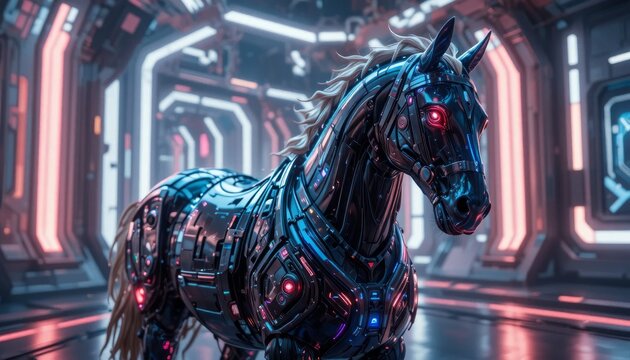 Cybernetic war horse with glowing red eyes in futuristic corridor