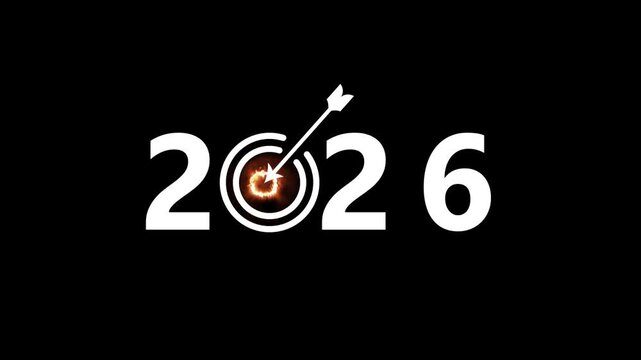 White numbers 2026 with a target and arrow in the center on a black background bullseye goal