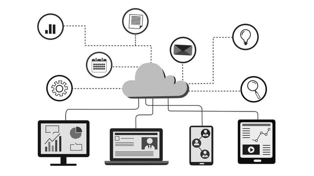 Cloud Computing and Connected Devices Animation, Animation of cloud computing with devices and icons connected to a cloud