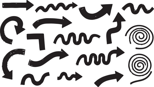 Hand drawn arrow set featuring curved, straight, dotted, and swirled arrows design, arrow vector for creative design, presentations, infographics, and decorative