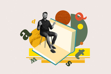 Naklejka premium Pop art full zine photo collage of happy girl guy stand library academic book stack education learner letters vocabulary encyclopedia