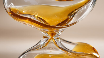 Golden liquid flowing slowly through a delicate glass hourglass, creating an abstract representation of passing time and viscosity