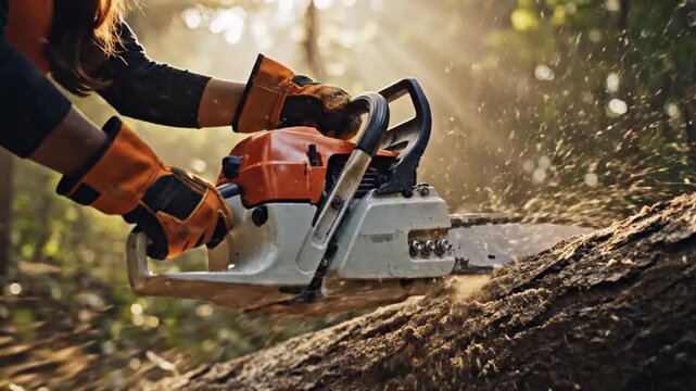 Chainsaw Cutting a Log in a Sunlit Forest, forestry work concept