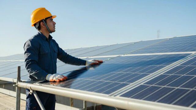 Male solar panel technician inspecting green energy installation. South asian worker checking photovoltaic array for maintenance, power.