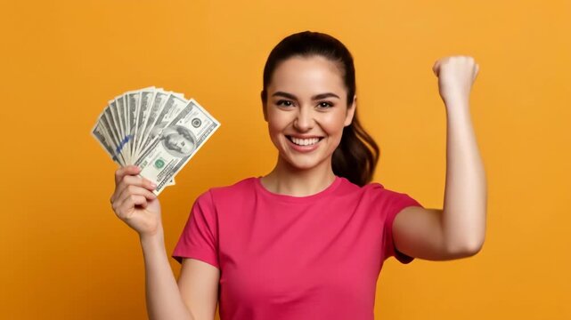 Caucasian woman holding dollar bills and showing success gesture, celebrating financial gain or profit, happy expression