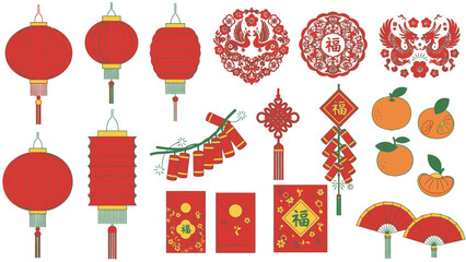 Assortment of vibrant Chinese New Year festive decorations, traditional lanterns and symbols, isolated white background.