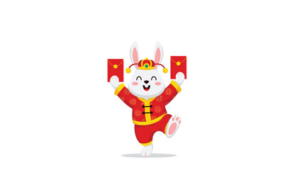 Happy white rabbit dressed in a traditional red chinese outfit and hat holding two red envelopes to celebrate the lunar new year festival.