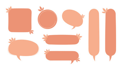 Collection of soft orange speech bubbles and text frames decorated with small leaves suitable for fall themed graphic design elements.