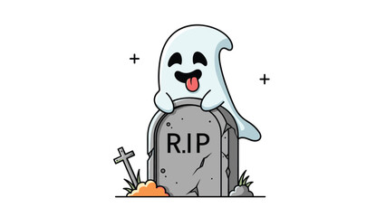 Playful white ghost sticks its tongue out while sitting on top of a gray tombstone with R.I.P text in a cemetery during Halloween night.