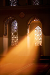 Golden Light Through Latticed Windows in Mosque Interior Ramadan Kareem Serenity, Jumma Mubarak Peace, Sacred Spiritual Glow
