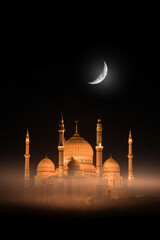 Illuminated Mosque Dome Under Crescent Moon at Night, Ramadan Kareem Serenity, Jumma Mubarak Peace, Sacred Islamic Architecture