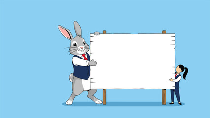 Tall grey rabbit wearing a professional vest standing beside a young woman holding a large blank white board for custom marketing messages.