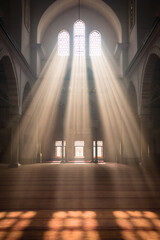 Sunlight Beams Through Arched Windows in Grand Mosque Interior, Ramadan Kareem Dawn, Jumma Mubarak Calm, Sacred Stillness