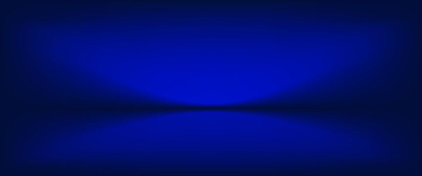 Blue studio gradient background. Abstract empty room backdrop. 3d vector cool light texture. Luxury neon lights limbo bg. Dark festive color bg. Modern photo studio spotlight glow podium gradation
