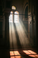 Sunlight Beams Through Arched Windows in Grand Mosque Interior, Ramadan Kareem Dawn, Jumma Mubarak Calm, Sacred Stillness
