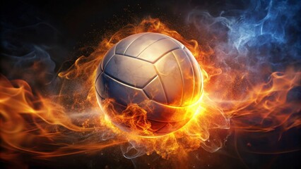 Fototapeta premium Fiery Volleyball Soaring Through Blazing Inferno, A Dramatic Sports Image of Intense Competition