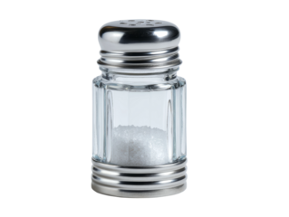 Close-up shot of a classic glass and chrome salt shaker filled with salt crystals. The shaker has a clear glass body, allowing the contents to be seen. Isolated Transparent Background, PNG