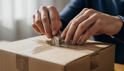 Close up view of human hands sealing a cardboard box with brown packing tape, symbolizing preparation, logistics, and careful handling in shipping and delivery operations.