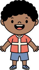 Obraz premium A simple cartoon illustration of a happy young boy with curly black hair, wearing a pink t-shirt and shorts