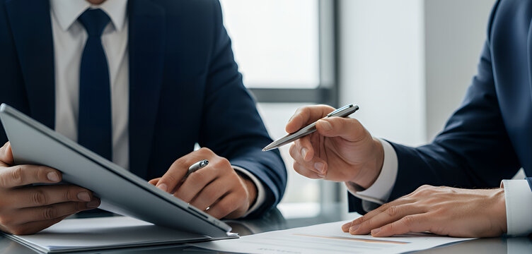Professional partners examine paperwork during a meeting, using a pen and digital device to clarify points, symbolizing cooperation, accuracy, and business strategy development.