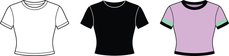 Short sleeve crop top fashion flat sketch technical drawing vector template