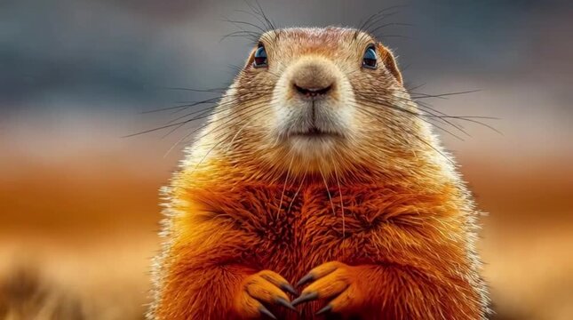 Groundhog peering up close for the custom of Groundhog Day