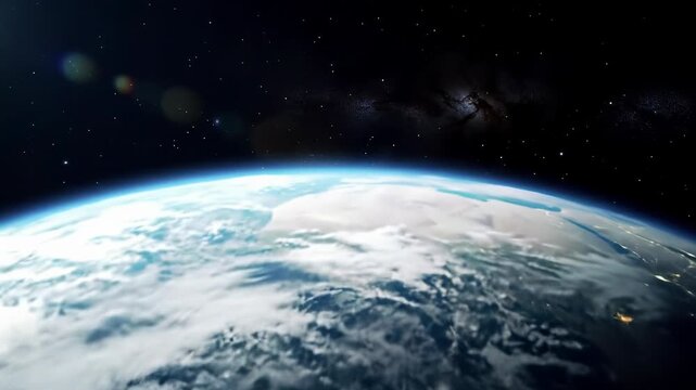 A photorealistic video of earth at night from orbital view, billions of glowing city lights and azure atmospheric glow against a star-filled cosmos. concept of global unity and cosmic wonder