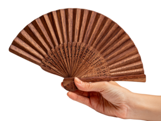 An elegant wooden fan gracefully held in a hand. It is fanned open, showcasing its detailed craftsmanship Isolated Transparent Background, PNG